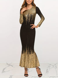 Bronzing Print Bodycon Dress, Elegant Crew Neck Long Sleeve Dress, Women's Clothing