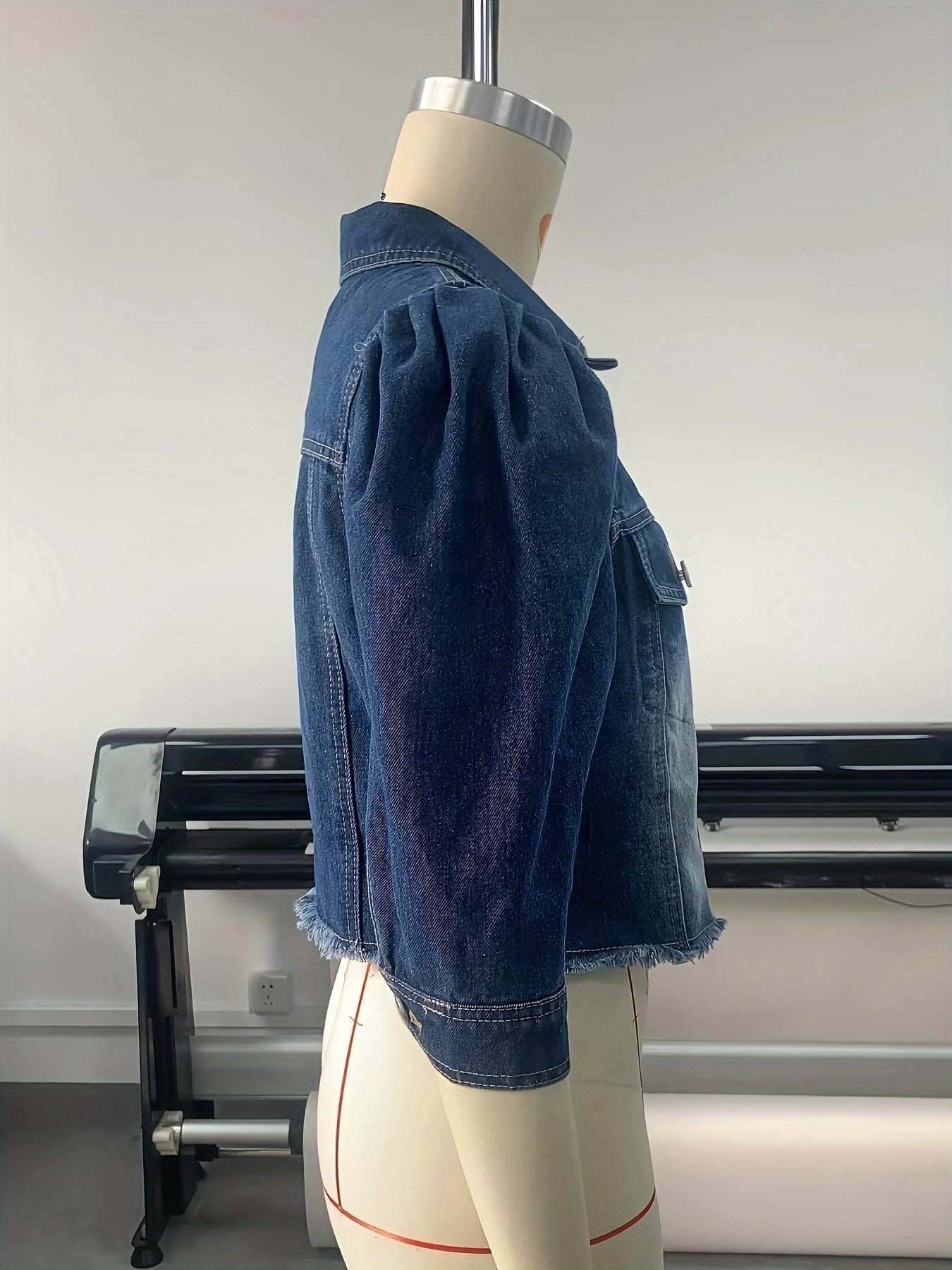 Women's Elegant Solid Color Cropped Denim Jacket With Puff Sleeves, Frayed Hem, Fashion Outerwear For Casual And Street Style - Veloxea