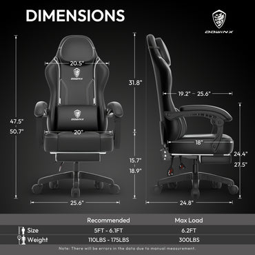 Dowinx Gaming Chair With Pocket Spring Cushion, Ergonomic Game Chair With Massage Lumbar Support And Footrest For Adults, High Back Leather Computer Chair For Office Gaming 300LBS - Veloxea