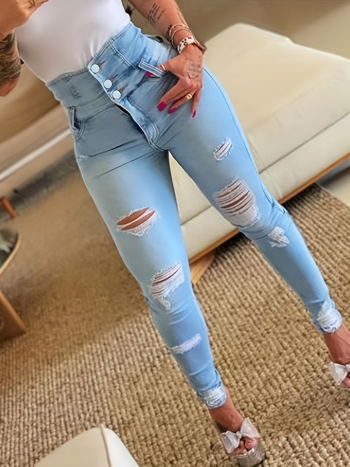 Blue Ripped Holes Skinny Jeans, High Waist Single Breasted Button Slim Fit Denim Pants, Women's Denim Jeans & Clothing