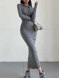 Drawstring Hooded Dress, Casual Long Sleeve Bodycon Dress, Women's Clothing