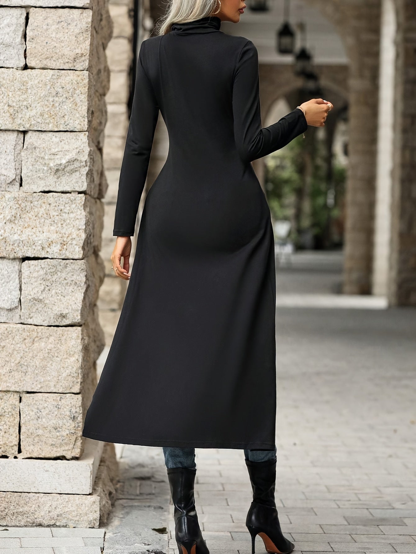 Split Hem Mock Neck Slim Top, Elegant Long Sleeve Long Length Top For Spring & Fall, Women's Clothing