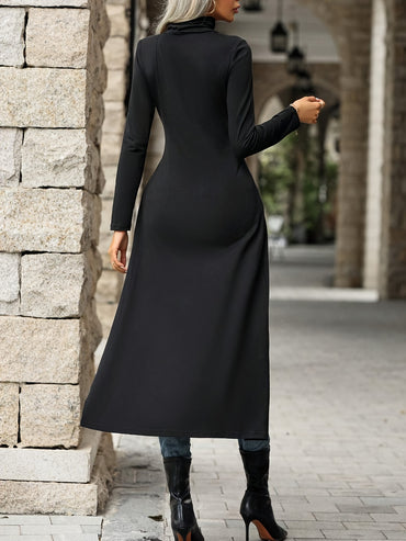 Split Hem Mock Neck Slim Top, Elegant Long Sleeve Long Length Top For Spring & Fall, Women's Clothing