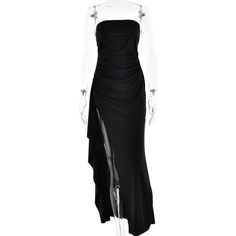 Strapless Split Long Dress Summer Fashion Pleated Bridesmaid Dress For Womens