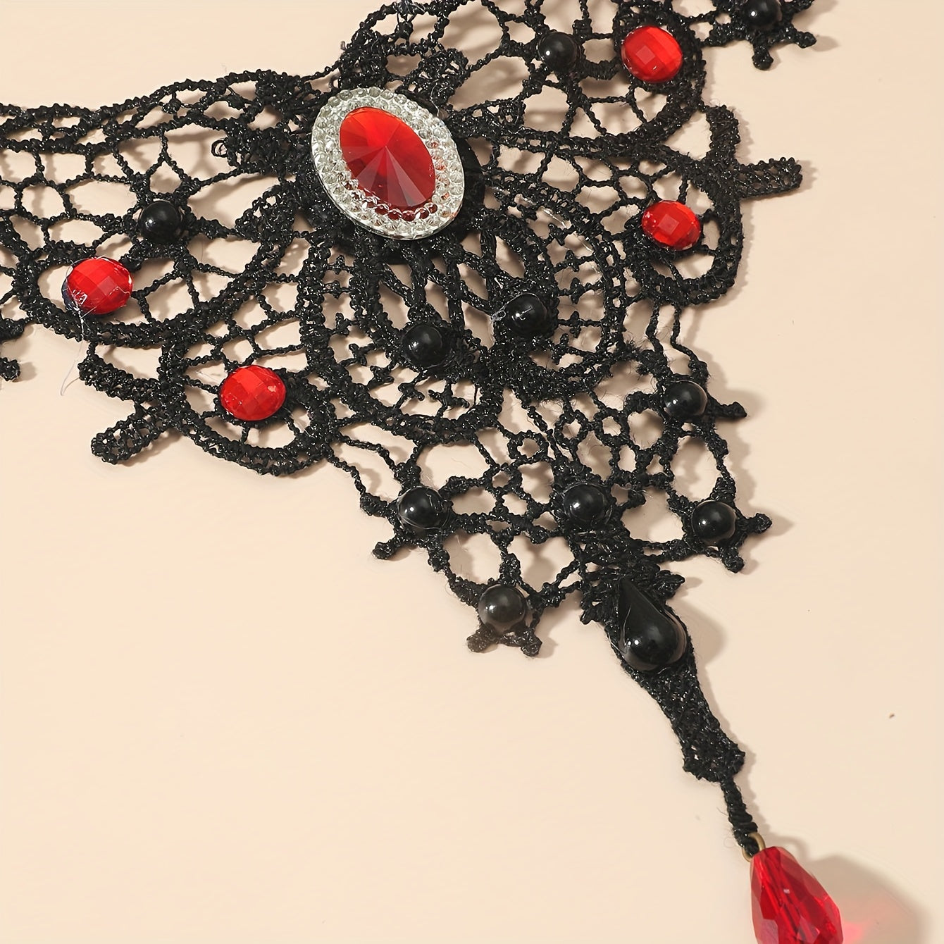 Black Clavicle Chain Vintage Gothic Lace Necklace Female Red Crystal Tassel Halloween Holiday Dress Up Accessories Gift - Veloxea