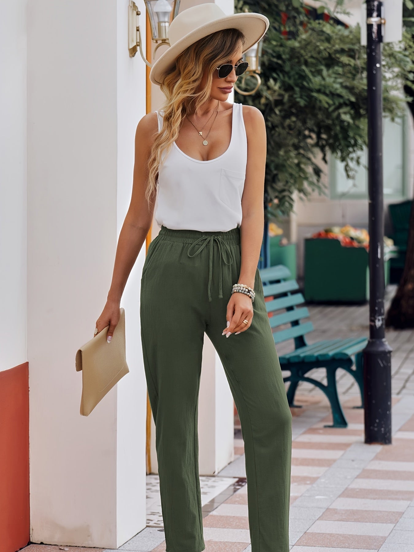 Drawstring Straight Leg Pants, Casual Solid Elastic Waist Pocket Fashion Loose Pants, Women's Clothing