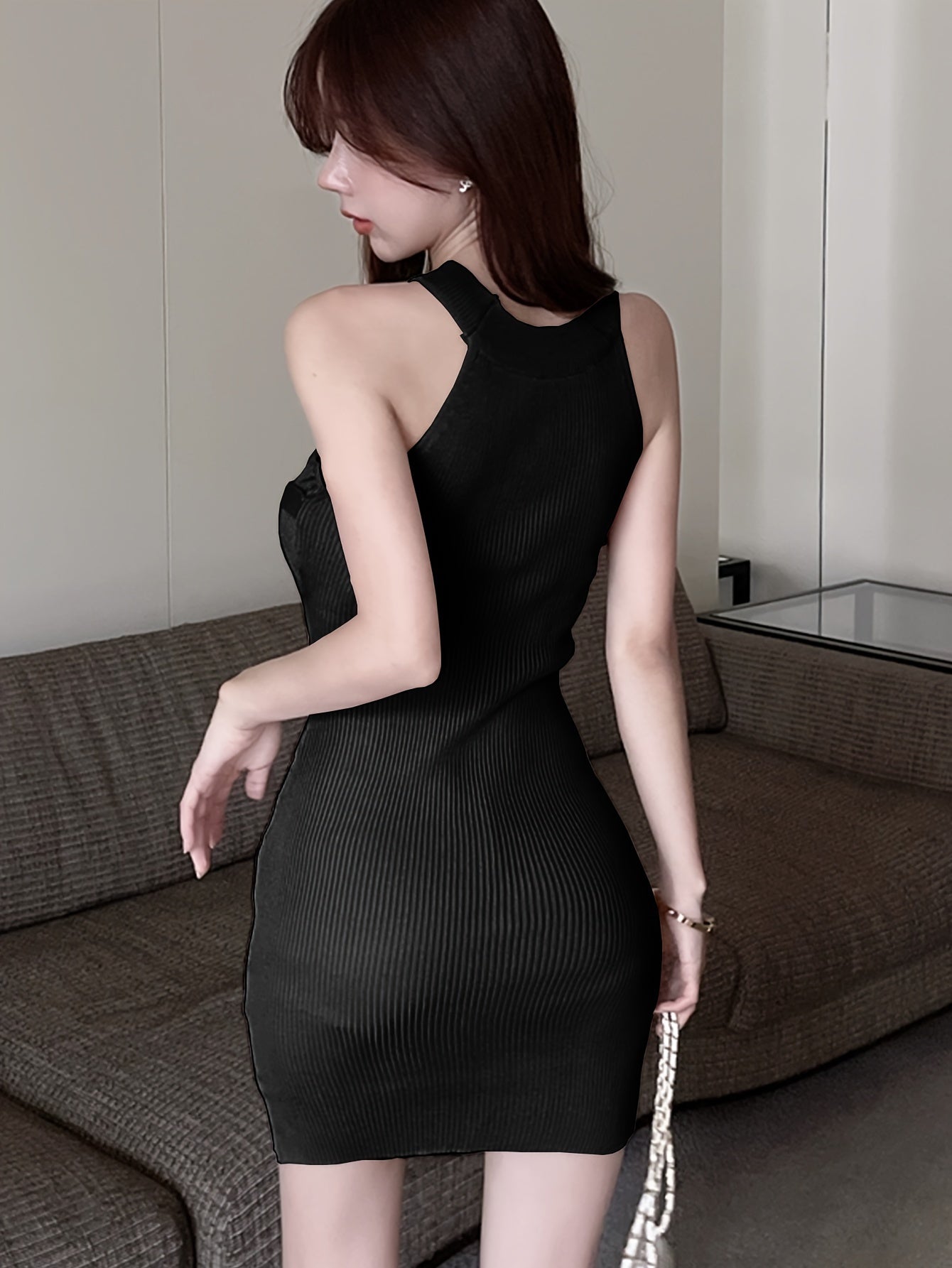 Split Side Ribbed Knitted Bodycon Dress, Elegant Sleeveless Halter Neck Dress For Spring & Summer, Women's Clothing