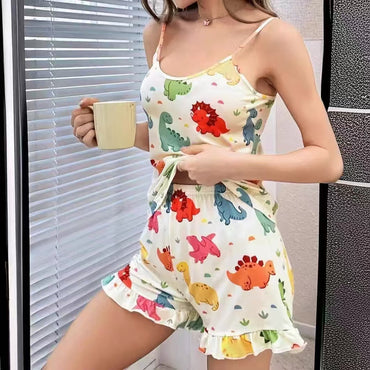 Multi-color Cartoon Dinosaur Printed Sling Top Ruffled Shorts Home Wear Suit