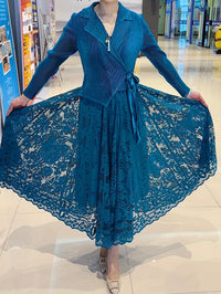 Elegant Plus Size Lace Contrast Midi Dress with Lapel Collar and Long Sleeves - High Stretch Polyester Fabric, Flared Hem