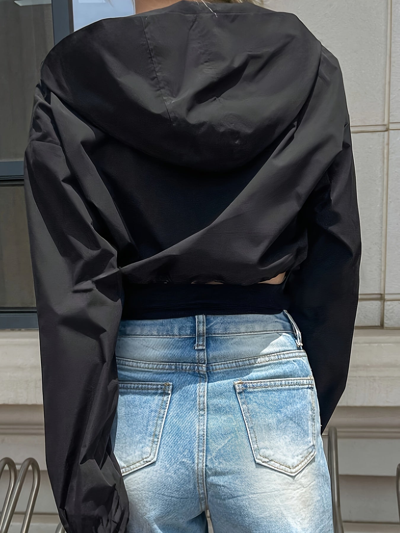 Zipper Front Crop Hooded Jacket, Casual Long Sleeve Outwear For Spring & Fall, Women's Clothing - Veloxea
