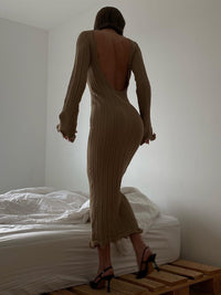 Slim Long-sleeved Ruffled Dress Sexy Hip-wrapped Back-less Knitted Dresses