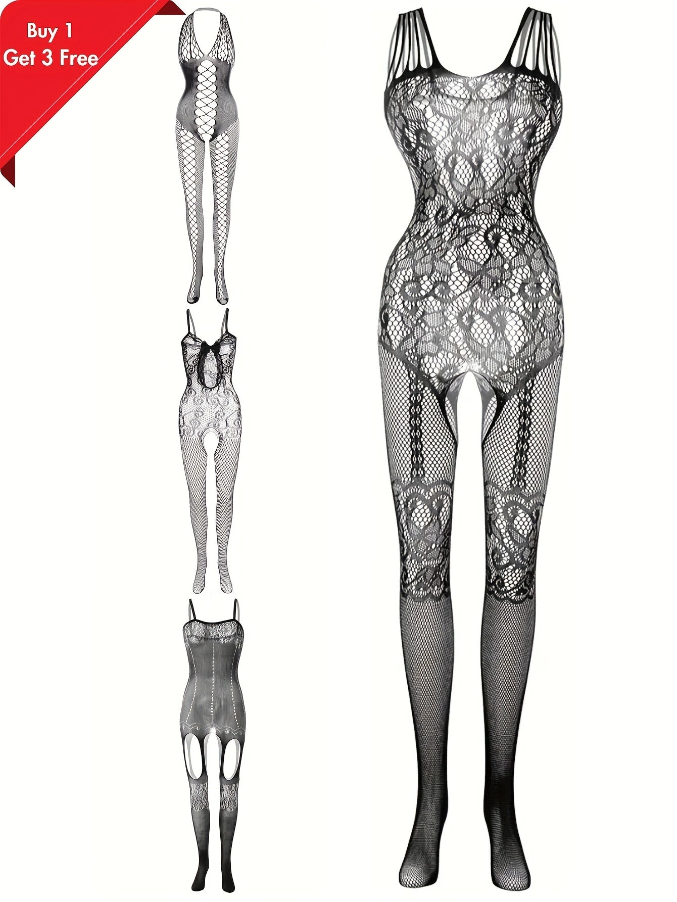 4pcs Women's Plus Sexy Lingerie Bodystockings, Plus Size Lace Fishnet Hollow Out Stretchy Open Crotch Nightwear Bodysuit For Romantic Date Wearing - Veloxea