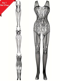 4pcs Women's Plus Sexy Lingerie Bodystockings, Plus Size Lace Fishnet Hollow Out Stretchy Open Crotch Nightwear Bodysuit For Romantic Date Wearing - Veloxea