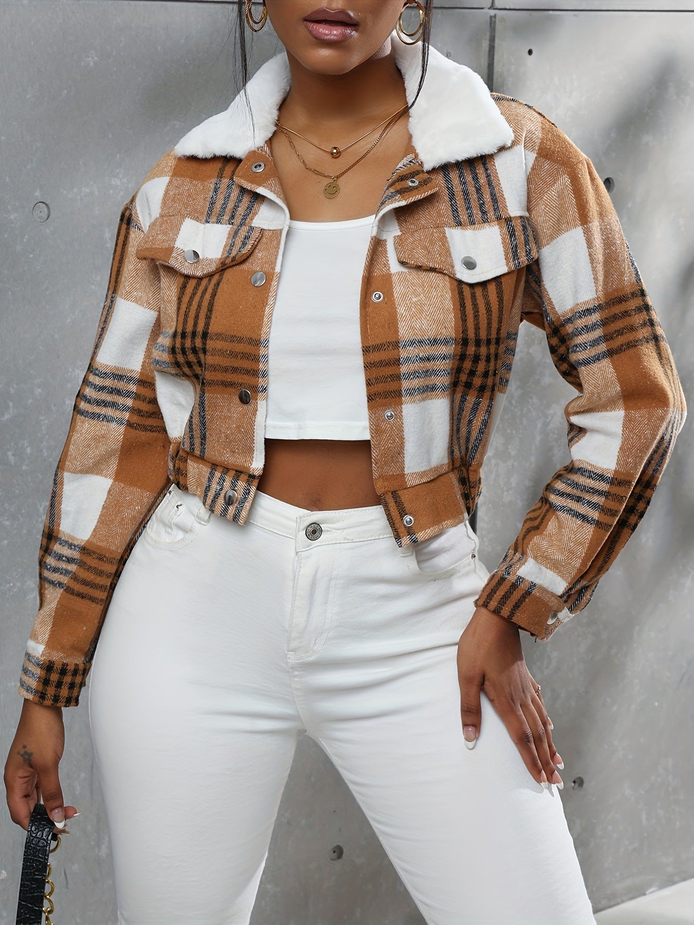 Button Plaid Faux Fur Collar Jacket, Casual Long Sleeve Crop Jacket For Fall & Winter, Women's Clothing - Veloxea