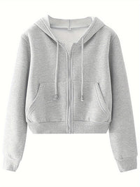 Solid Color Zip Up Drawstring Hoodie, Casual Long Sleeve Crop Outwear With Pocket, Women's Clothing