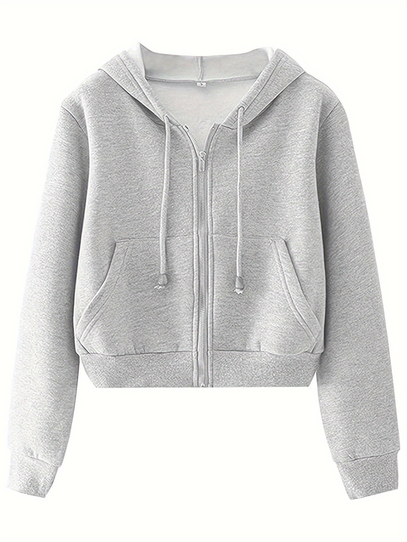 Solid Color Zip Up Drawstring Hoodie, Casual Long Sleeve Crop Outwear With Pocket, Women's Clothing