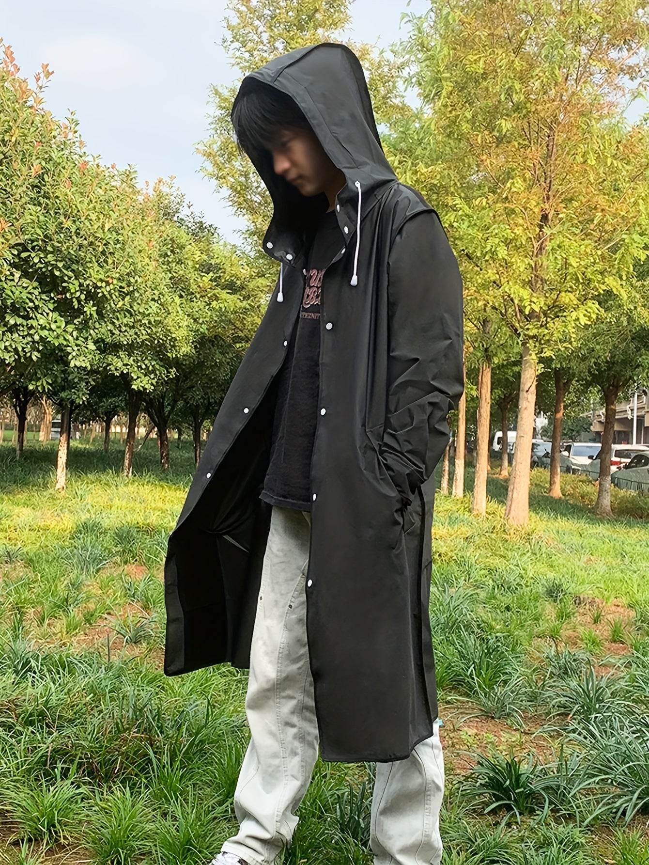 Unisex Hooded Raincoat, Casual Button Up Rain Poncho For Outdoor Raining Days - Veloxea
