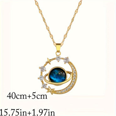 Stainless Steel Zircon Astral Blue Starry Planet Moon Pendant Necklace For Women, Great Christmas Halloween Thanksgiving Day Gift, New Year's Gift, Valentine's Day Gift - Veloxea