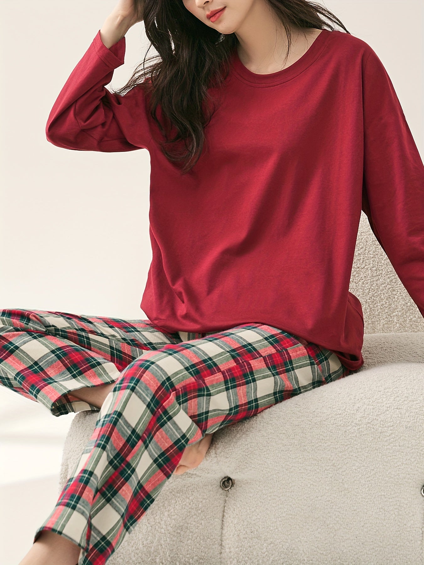 Plaid Print Pajama Set, Long Sleeve Crew Neck Top & Elastic Waistband Plaid Pants, Women's Sleepwear & Loungewear