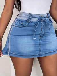 Women's Sexy Contrast Color Patchwork Drawstring Denim Skorts, Tie Waist Detail Slant Pockets Denim Shorts