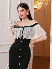 Off-shoulder Lace Cape Dress, Chic Split Hem Slim Dress For Spring & Summer, Women's Clothing