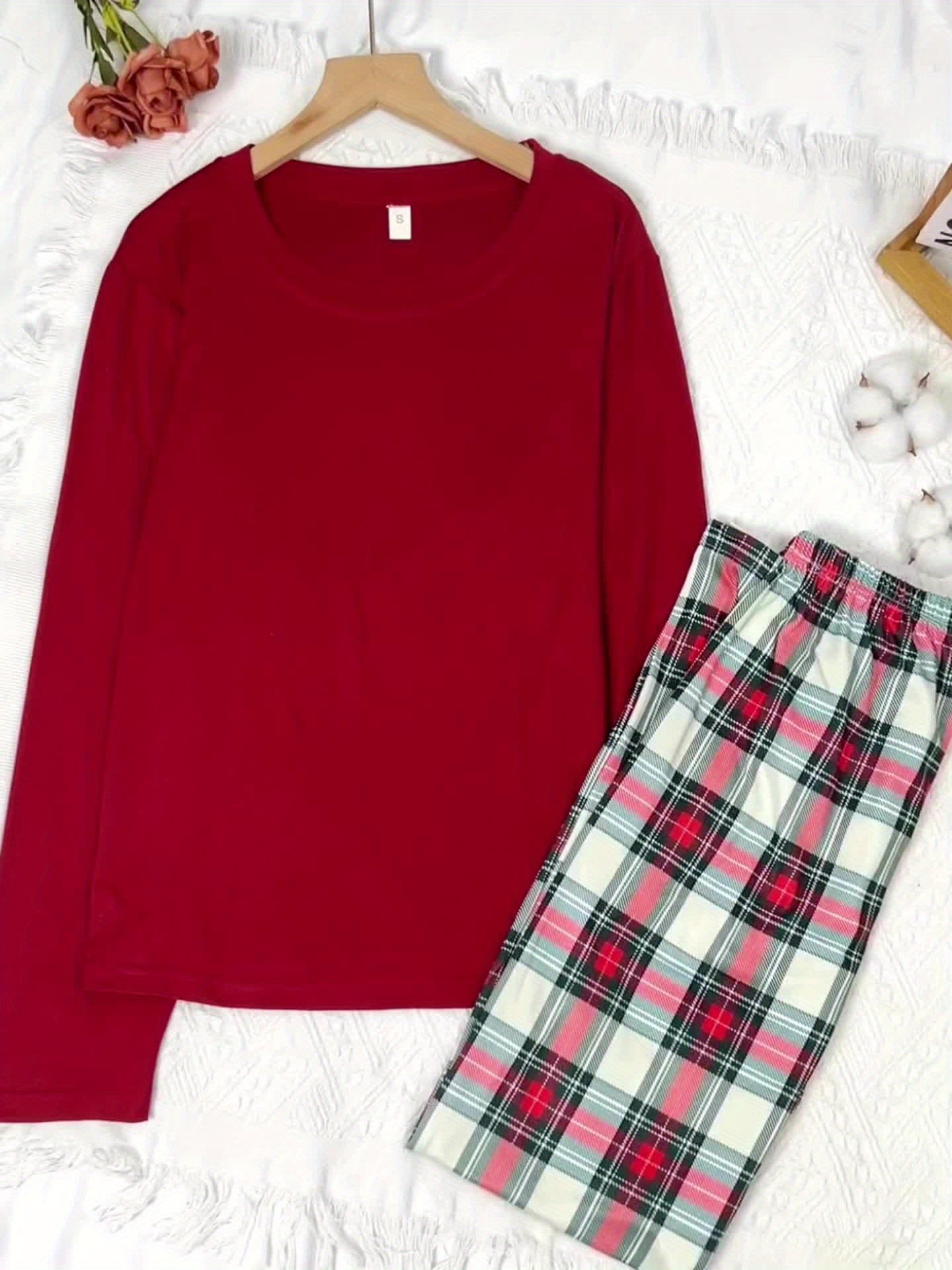 Plaid Print Pajama Set, Long Sleeve Crew Neck Top & Elastic Waistband Plaid Pants, Women's Sleepwear & Loungewear