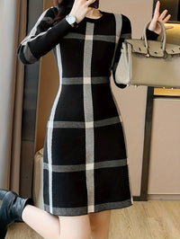 Plaid Pattern Midi Dress, Casual Crew Neck Long Sleeve Dress, Women's Clothing