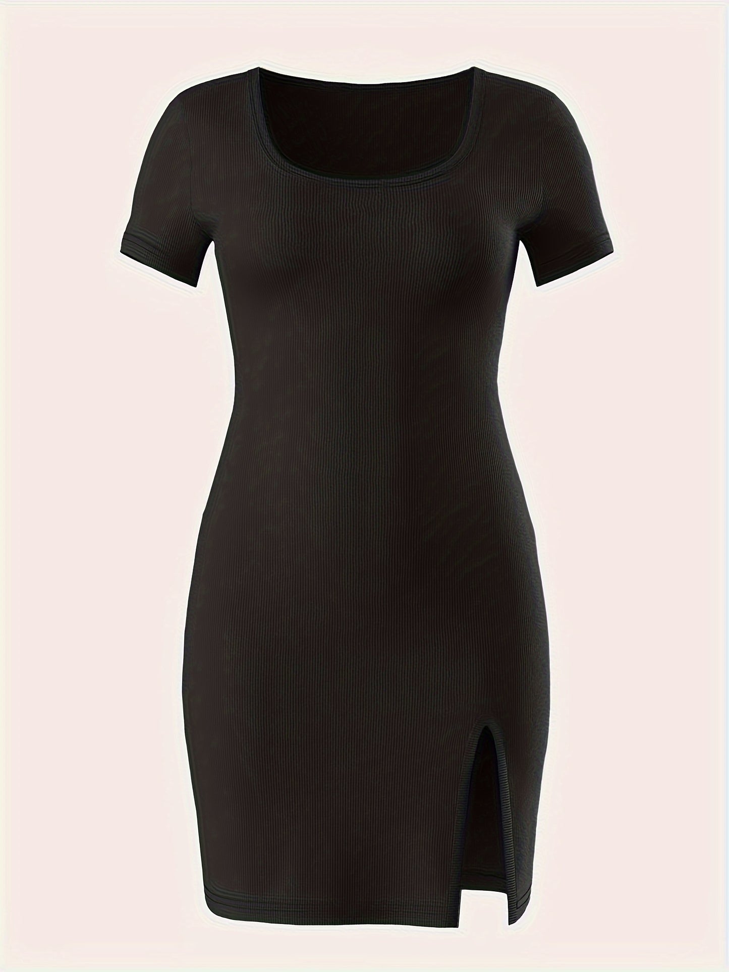 Bodycon Square Neck Dress, Casual Solid Color Short Sleeve Split Hem Dress For Spring & Summer, Women's Clothing