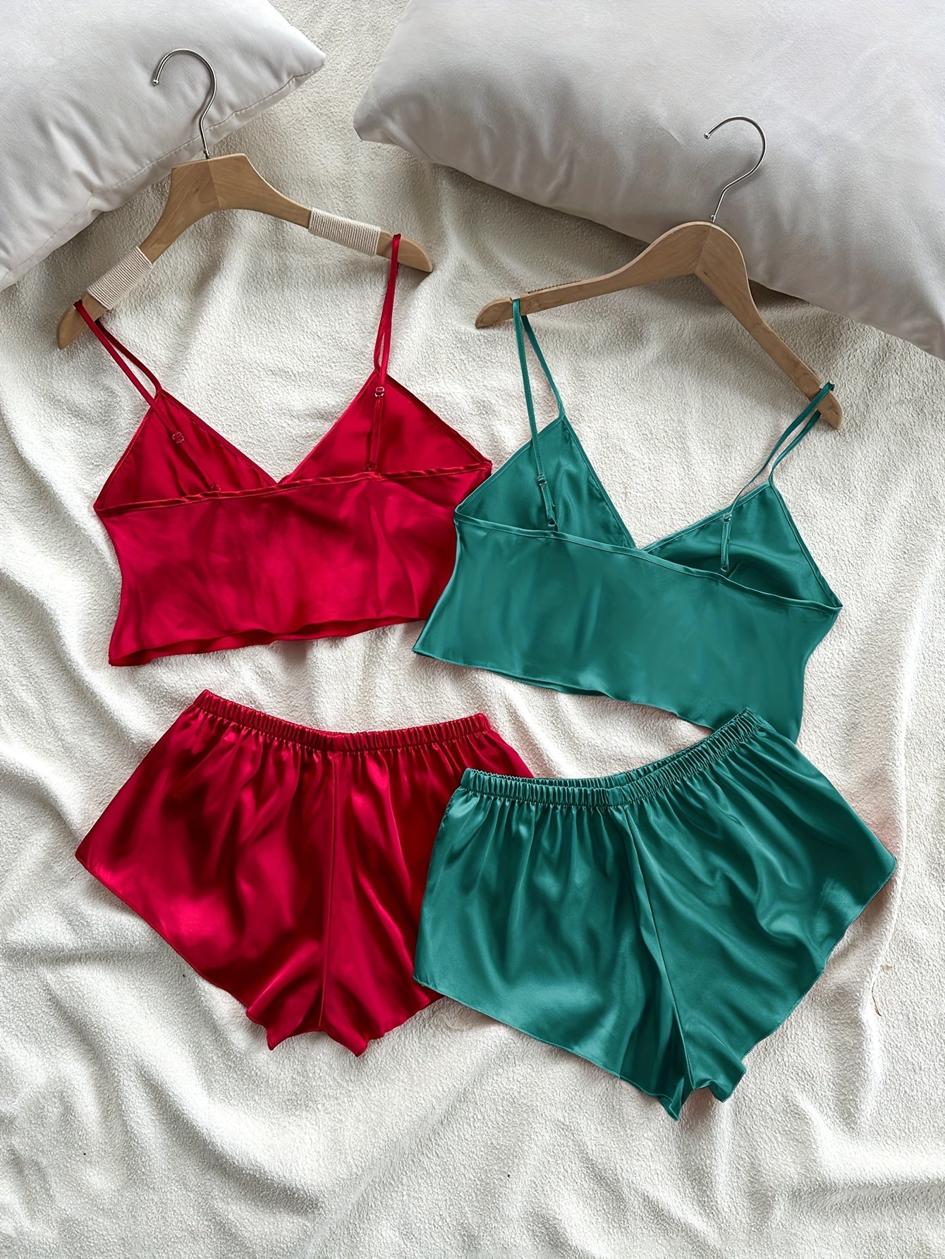 2 Sets Women's Elegant Solid Satin Pajama Set, Bow Tie Front V Neck Crop Cami Top & Shorts, Comfortable Relaxed Fit, Summer Nightwear - Veloxea