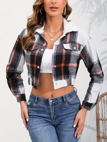 Button Plaid Faux Fur Collar Jacket, Casual Long Sleeve Crop Jacket For Fall & Winter, Women's Clothing - Veloxea