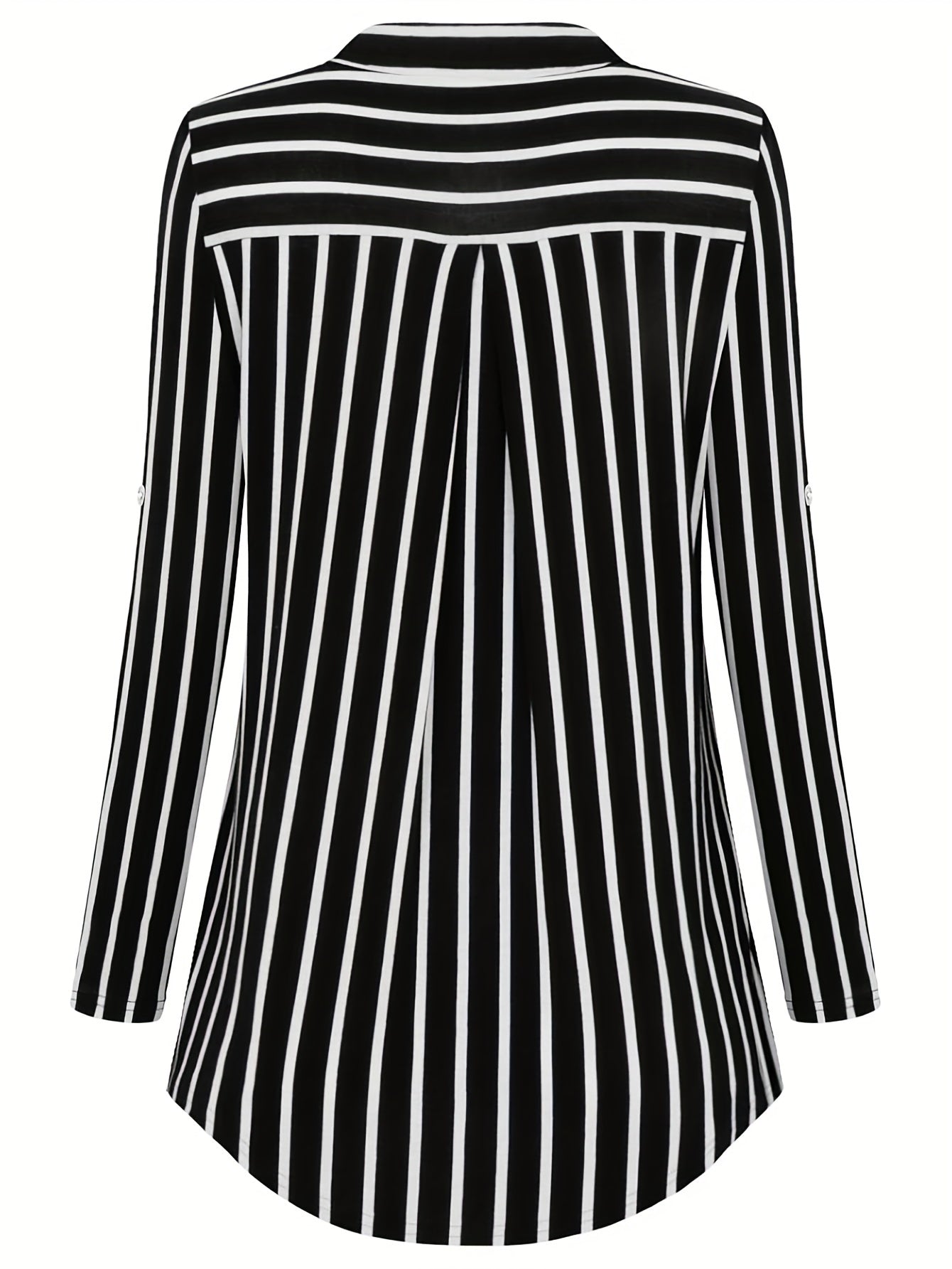Striped Print Zip Front Blouse, Casual Long Sleeve Top For Spring, Women's Clothing - Veloxea
