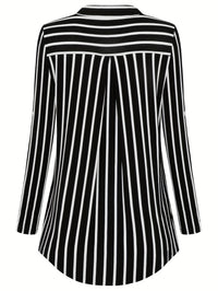 Striped Print Zip Front Blouse, Casual Long Sleeve Top For Spring, Women's Clothing - Veloxea