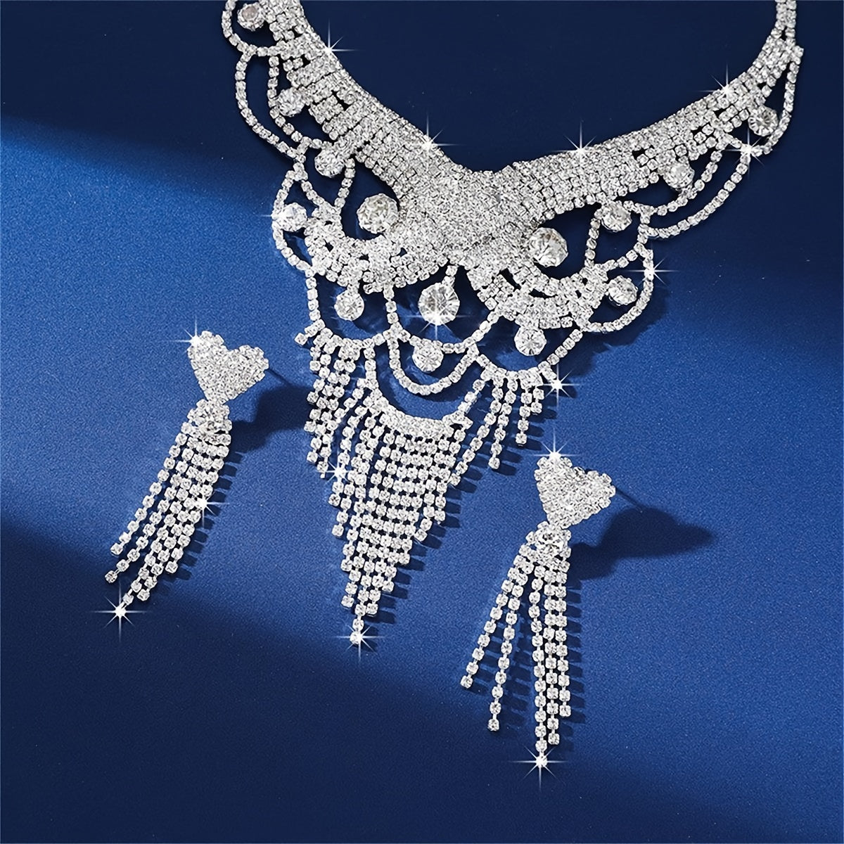 1 Pair Of Earrings + 1 Necklace Elegant Jewelry Set Silver Plated Paved Shining Rhinestone Engagement/ Wedding Decor Dupes Luxury Jewelry Gifts For Eid - Veloxea