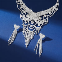 1 Pair Of Earrings + 1 Necklace Elegant Jewelry Set Silver Plated Paved Shining Rhinestone Engagement/ Wedding Decor Dupes Luxury Jewelry Gifts For Eid - Veloxea