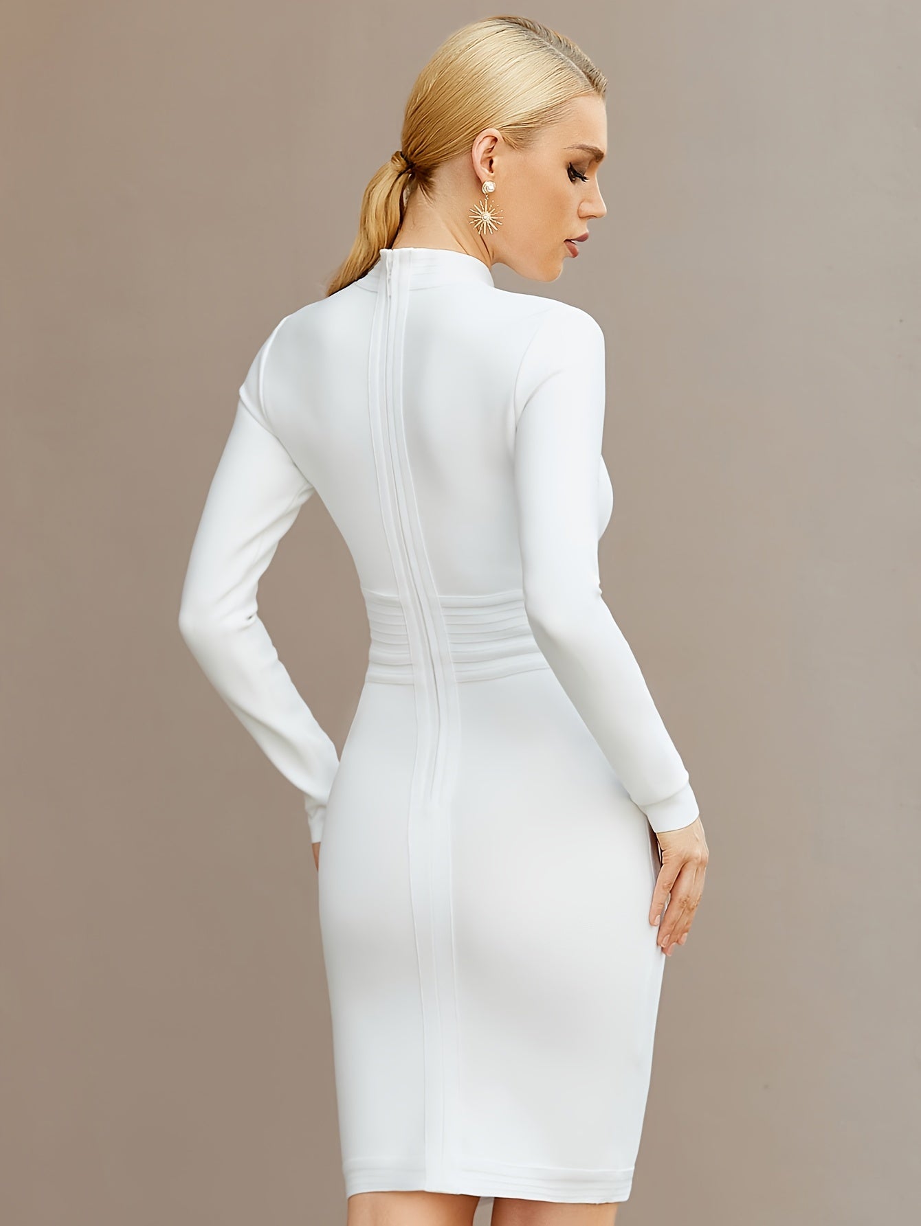 Mock Neck Cut Out Button Bandage Dress, Elegant Long Sleeve Slim Bodycon Dress For Spring & Fall, Women's Clothing