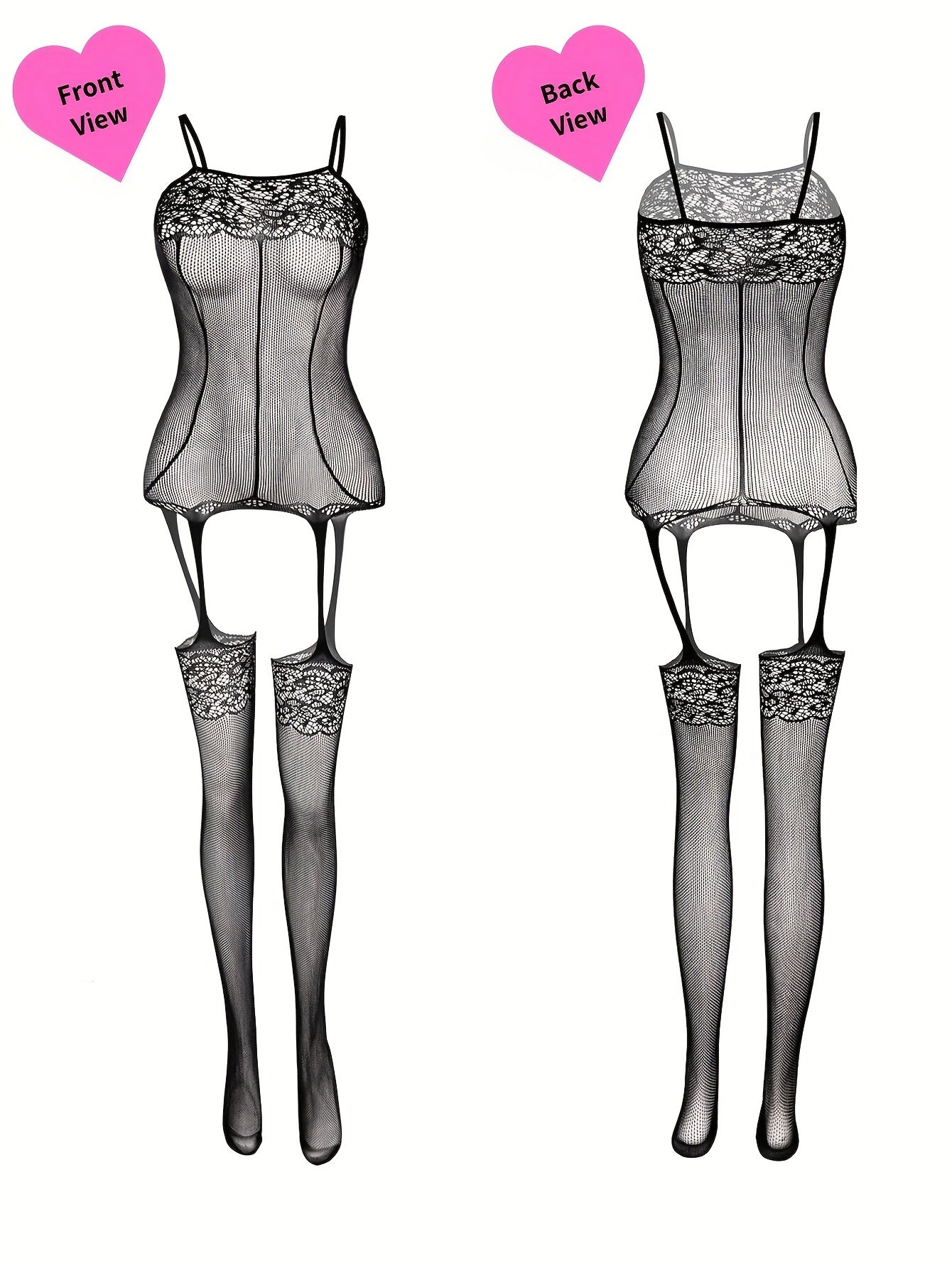 4pcs Women's Plus Sexy Lingerie Bodystockings, Plus Size Lace Fishnet Hollow Out Stretchy Open Crotch Nightwear Bodysuit For Romantic Date Wearing - Veloxea