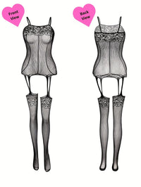 4pcs Women's Plus Sexy Lingerie Bodystockings, Plus Size Lace Fishnet Hollow Out Stretchy Open Crotch Nightwear Bodysuit For Romantic Date Wearing - Veloxea