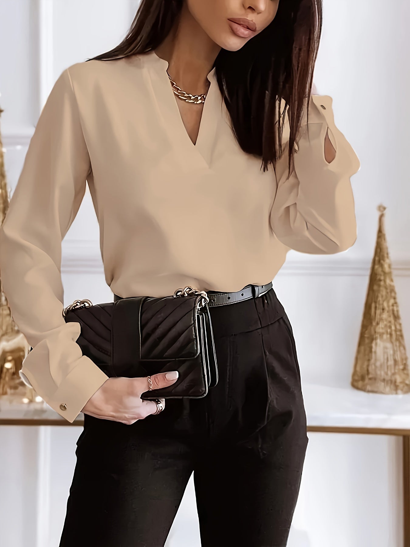 Plus Size Elegant Blouse, Women's Plus Solid Long Sleeve Notched Neck Workwear Top