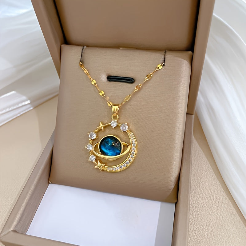 Stainless Steel Zircon Astral Blue Starry Planet Moon Pendant Necklace For Women, Great Christmas Halloween Thanksgiving Day Gift, New Year's Gift, Valentine's Day Gift - Veloxea