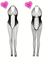 4pcs Women's Plus Sexy Lingerie Bodystockings, Plus Size Lace Fishnet Hollow Out Stretchy Open Crotch Nightwear Bodysuit For Romantic Date Wearing - Veloxea