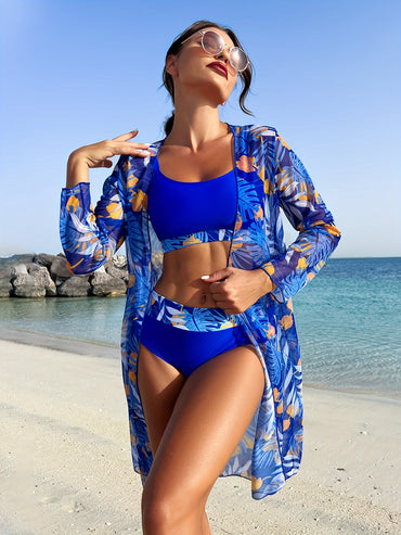 Tropical Leaf Print Stretchy 3 Piece Set Bikini With Long Sleeve Kimono, Scoop Neck Contrast Band Stylish Swimsuits, Women's Swimwear & Clothing For Holiday - Veloxea