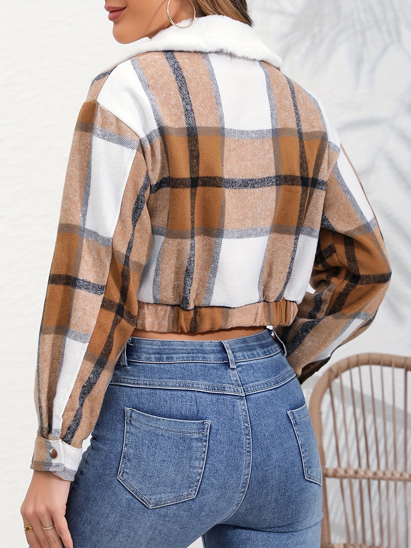 Button Plaid Faux Fur Collar Jacket, Casual Long Sleeve Crop Jacket For Fall & Winter, Women's Clothing - Veloxea