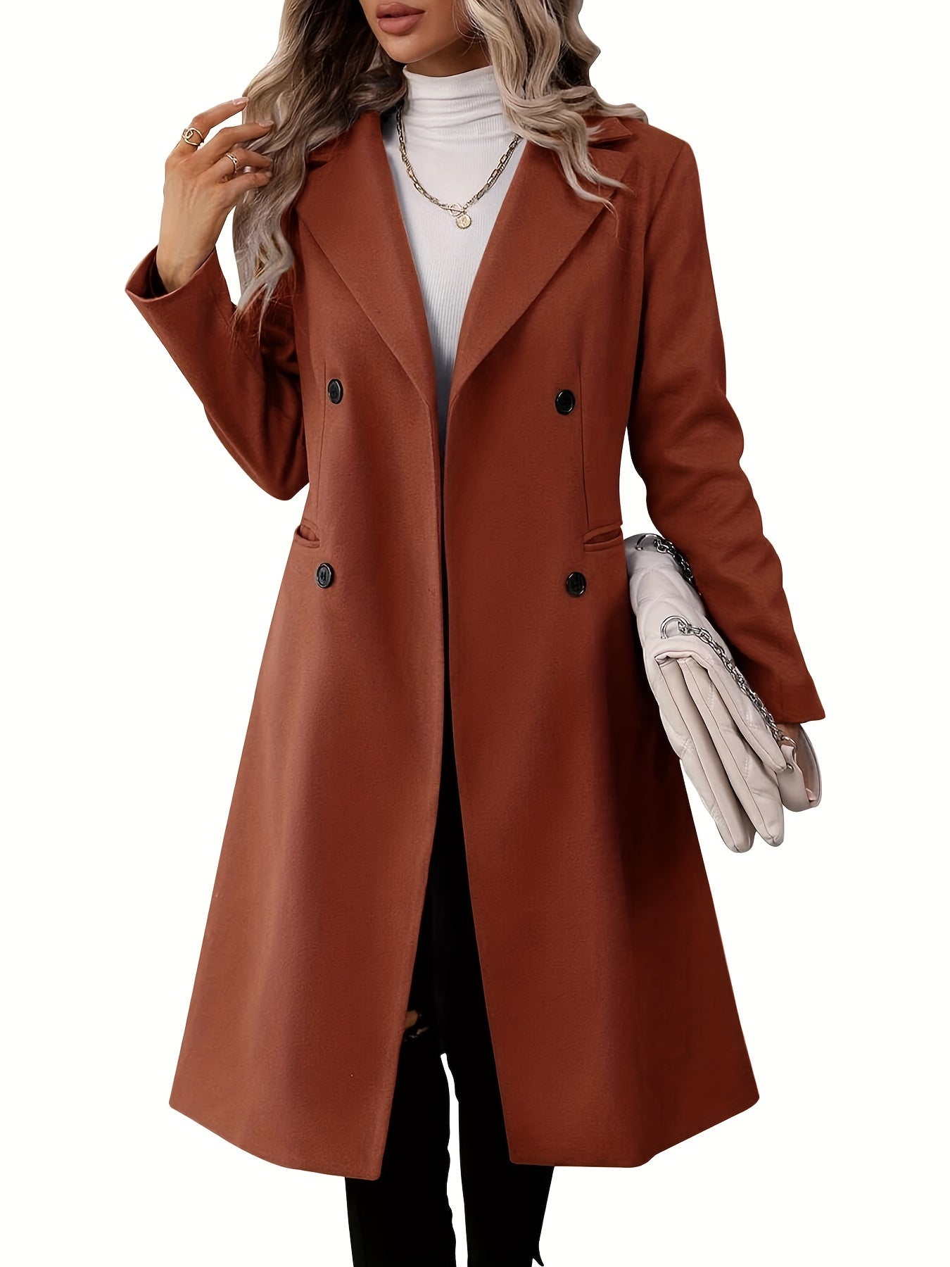 Double-Breasted Lapel Collar Pea Coat, Elegant Mid Length Long Sleeve Outerwear For Fall & Winter, Women's Clothing - Veloxea