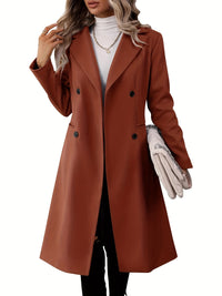 Double-Breasted Lapel Collar Pea Coat, Elegant Mid Length Long Sleeve Outerwear For Fall & Winter, Women's Clothing - Veloxea