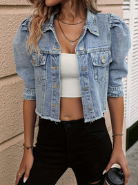Women's Elegant Solid Color Cropped Denim Jacket With Puff Sleeves, Frayed Hem, Fashion Outerwear For Casual And Street Style - Veloxea