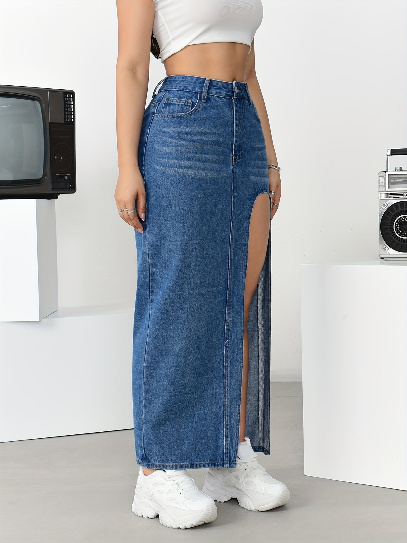 Women's High-Waisted Split Denim Skirt, Sexy Long Plain Maxi Jean Skirt With Side Slit, Vintage Style Fashion, Casual Streetwear - Veloxea