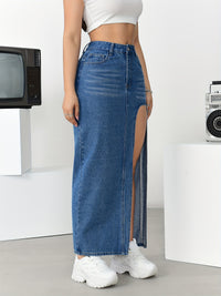 Women's High-Waisted Split Denim Skirt, Sexy Long Plain Maxi Jean Skirt With Side Slit, Vintage Style Fashion, Casual Streetwear - Veloxea
