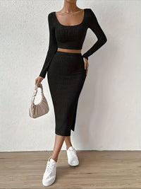 Solid Matching Two-piece Skirt Set, Casual Long Sleeve T-shirt & Split Skirt Outfits, Women's Clothing - Veloxea