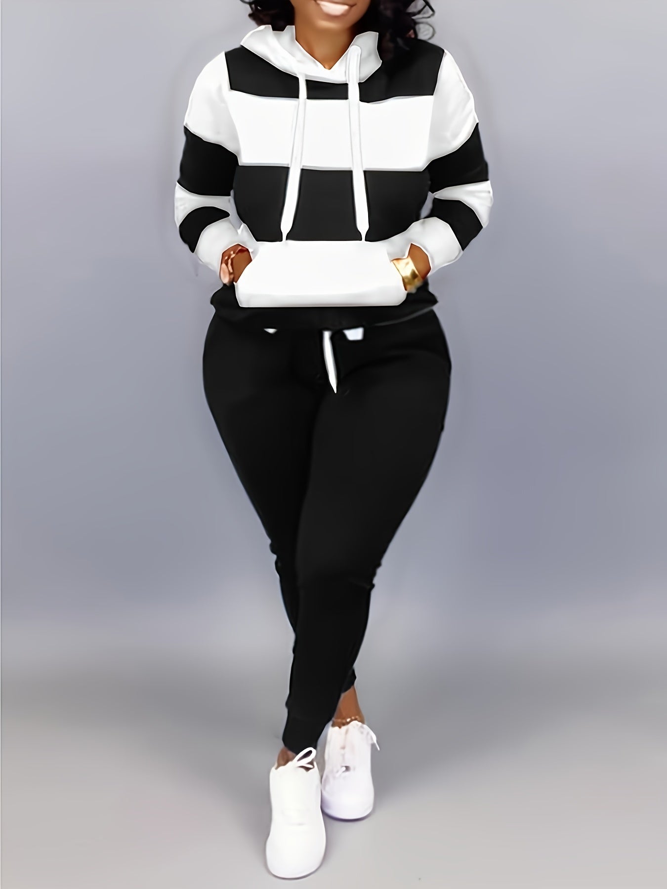 Plus Size Casual Outfits Two Piece Set, Women's Plus Colorblock Stripe Print Long Sleeve Drawstring Hoodie Sweatshirt & Joggers Outfits 2 Piece Set