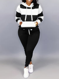 Plus Size Casual Outfits Two Piece Set, Women's Plus Colorblock Stripe Print Long Sleeve Drawstring Hoodie Sweatshirt & Joggers Outfits 2 Piece Set
